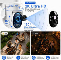 2K Solar Security Wireless Camera Outdoor, 2 Pack 2.4Ghz Wifi Battery Camera, 355° View Pan/Tilt Solar Camera with PIR Alarm, 2-Way Audio, Color Night Vision, IP65 Waterproof, Cloud & SD Storage