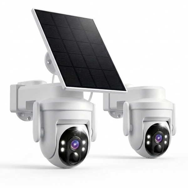 2K Solar Security Wireless Camera Outdoor, 2 Pack 2.4Ghz Wifi Battery Camera, 355° View Pan/Tilt Solar Camera with PIR Alarm, 2-Way Audio, Color Night Vision, IP65 Waterproof, Cloud & SD Storage — Studio Shot