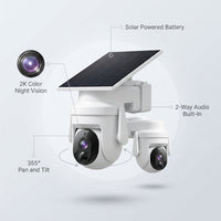 2K Solar Security Wireless Camera Outdoor, 2 Pack 2.4Ghz Wifi Battery Camera, 355° View Pan/Tilt Solar Camera with PIR Alarm, 2-Way Audio, Color Night Vision, IP65 Waterproof, Cloud & SD Storage — infographic