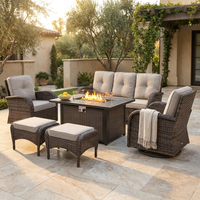 7 Piece Outdoor Patio Furniture Set, Patio Furniture Set with Fire Pit Table Rattan Wicker Patio Furniture Set, Brown Wicker & Beige Cushion — Studio Shot