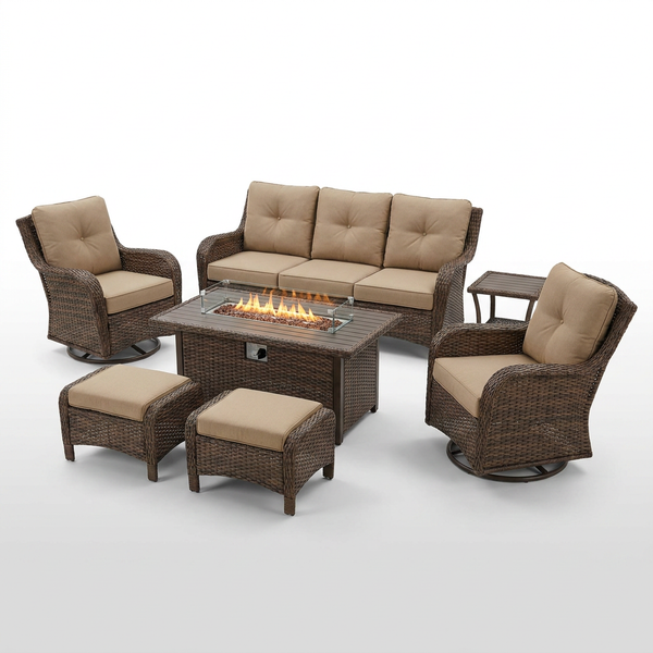 7 Piece Outdoor Patio Furniture Set, Patio Furniture Set with Fire Pit Table Rattan Wicker Patio Furniture Set, Brown Wicker & Beige Cushion — Studio Shot