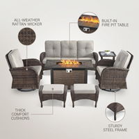 7 Piece Outdoor Patio Furniture Set, Patio Furniture Set with Fire Pit Table Rattan Wicker Patio Furniture Set, Brown Wicker & Beige Cushion — infographic