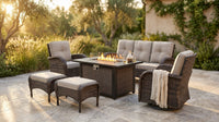 7 Piece Outdoor Patio Furniture Set, Patio Furniture Set with Fire Pit Table Rattan Wicker Patio Furniture Set, Brown Wicker & Beige Cushion — Lifestyle