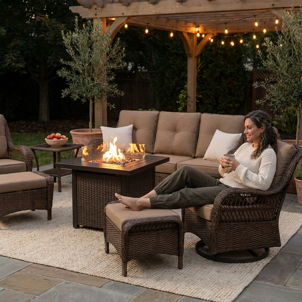 Outdoor Patio Furniture Set Designed for Year-Round Entertaining, Fire Pit Table, Rattan Wicker, 4-Inch Cushions