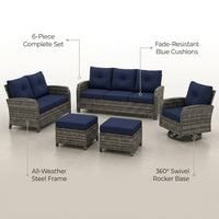 Outdoor Patio Conversation Set Built for All-Weather Use, 6-Piece with Blue Cushions, Steel Frame, Swivel Rockers — infographic