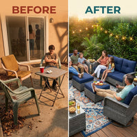 Patio Furniture Set 6-Piece Outdoor Patio Conversation Set with Blue Cushions Lawn Furniture — Before & After