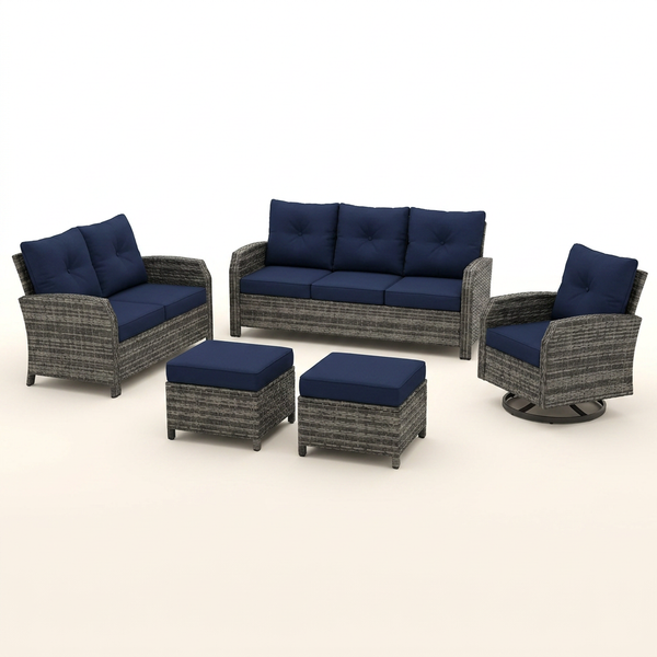Outdoor Patio Conversation Set Built for All-Weather Use, 6-Piece with Blue Cushions, Steel Frame, Swivel Rockers